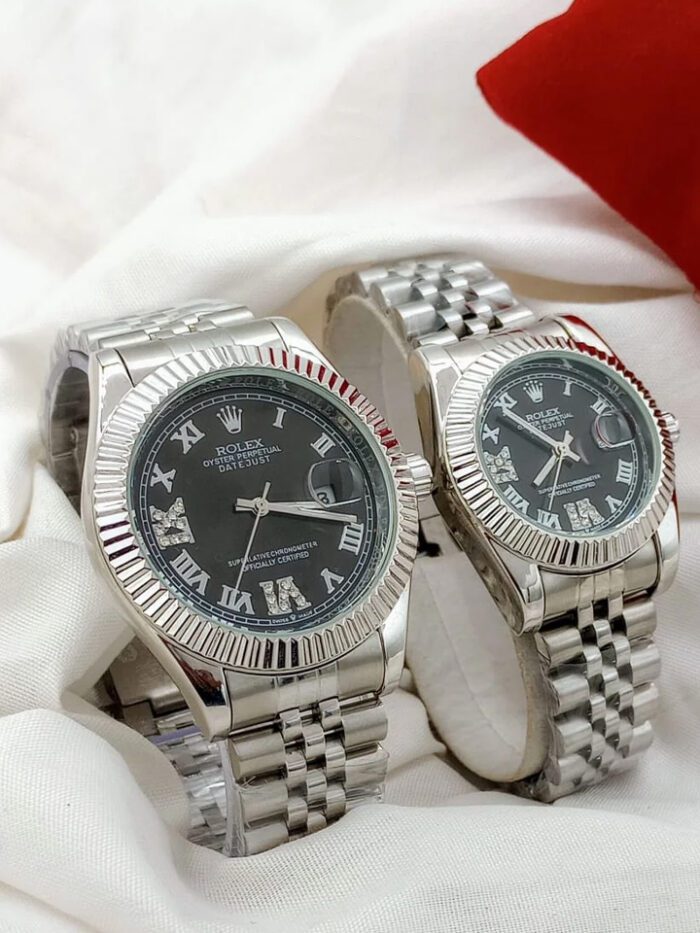ROLEX ROMAN NUMBERS STAINLESS STEEL CHAIN LADIES GENTS PAIR AA QUALITY WATCH